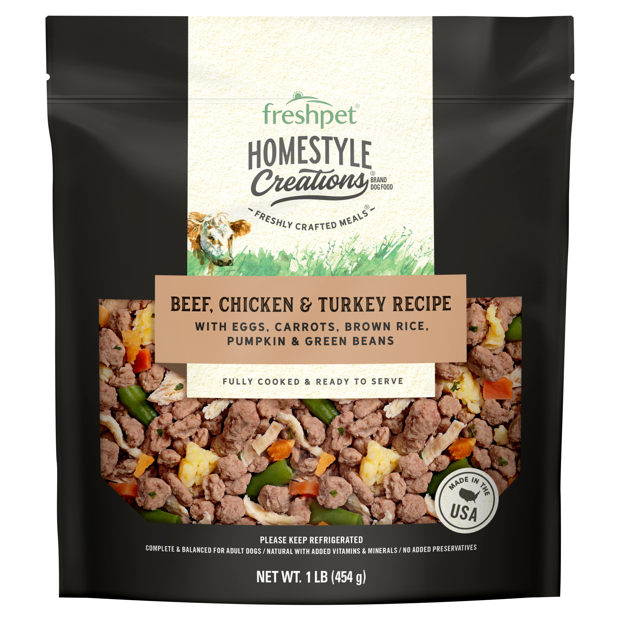 FRESHPET HOMESTYLE CREATIONS DOG MEALS BEEF, CHICKEN & TURKEY RECIPE 1 LB