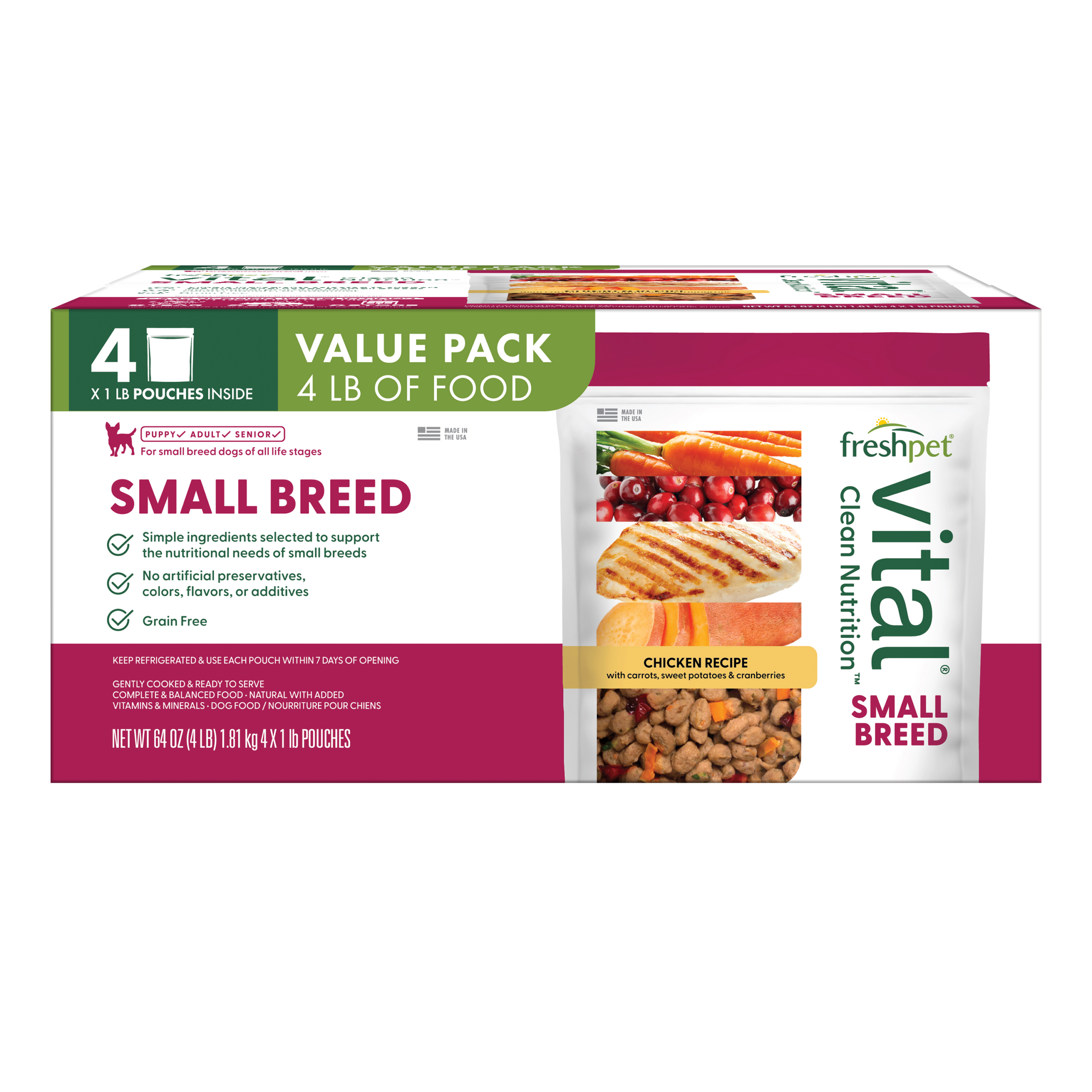 FRESHPET VITAL SMALL BREED ROASTED MEALS FRESH PACK GRAIN FREE CHICKEN RECIPE 4 X 1 LB